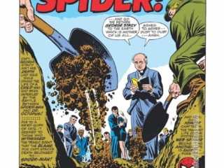 Amazing Spider-Man #91, pg. 1; pencils, Gil Kane; inks, John Romita Sr.; To Smash the Spider, splash page, Stan Lee, burial of Captain Gwen Stacy, Gwen Stacy, funeral