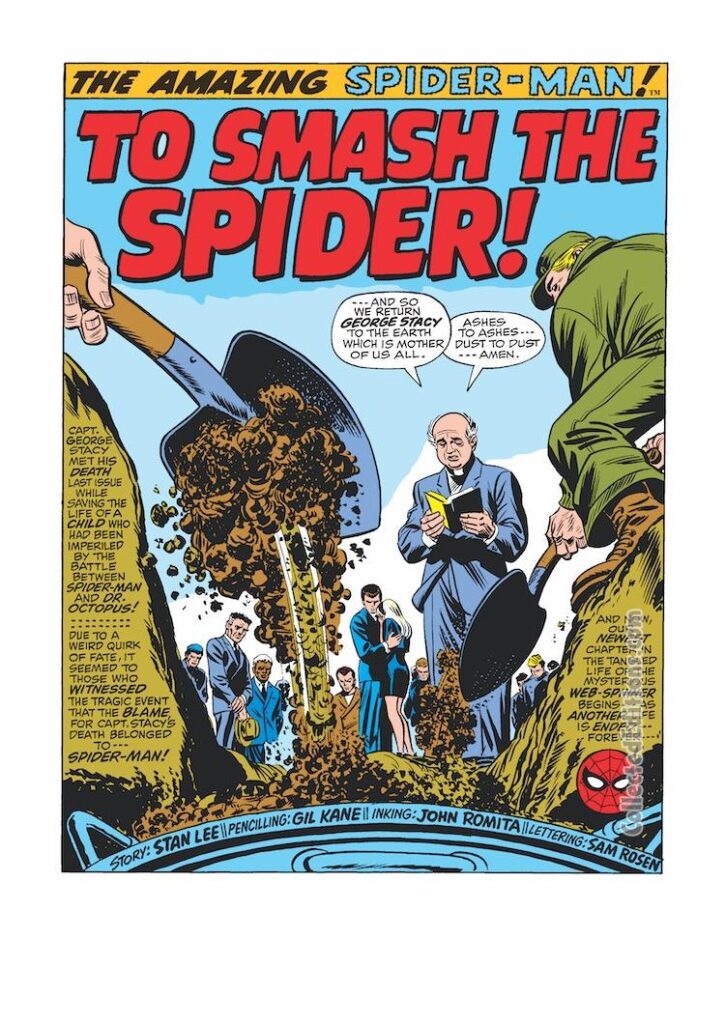 Amazing Spider-Man #91, pg. 1; pencils, Gil Kane; inks, John Romita Sr.; To Smash the Spider, splash page, Stan Lee, burial of Captain Gwen Stacy, Gwen Stacy, funeral