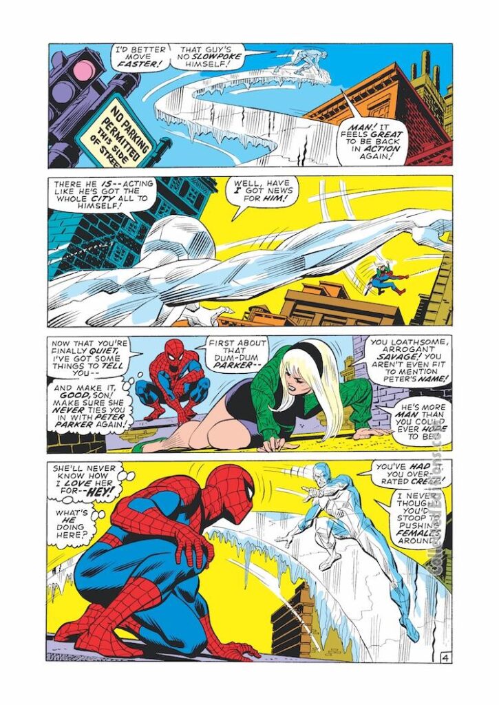 Amazing Spider-Man #92, pg. 4; pencils, Gil Kane; inks, John Romita Sr.; Iceman, Gwen Stacy