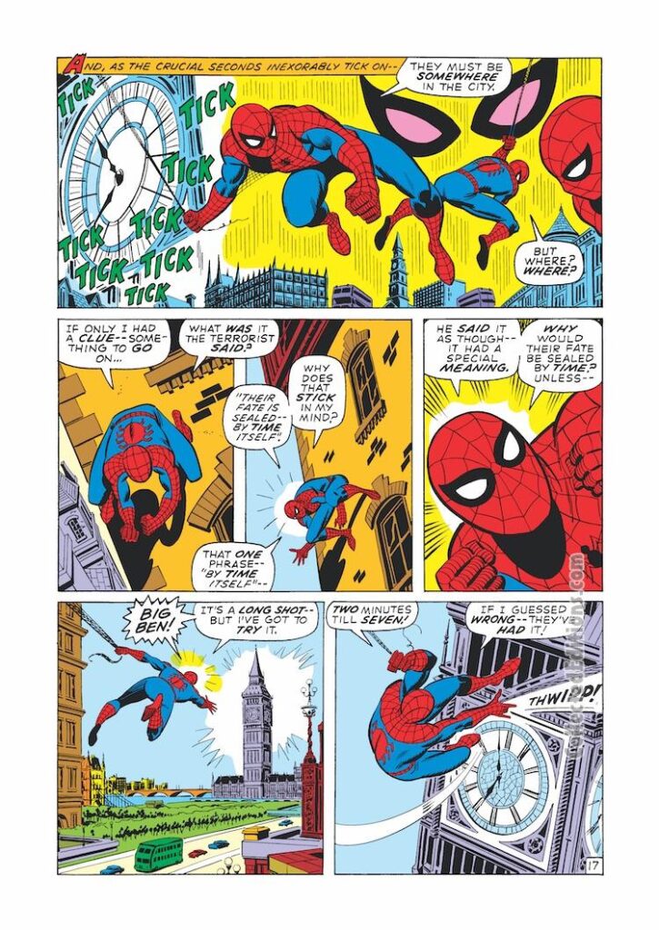 Amazing Spider-Man #95, pg. 17; pencils, John Romita Sr.; inks, Sal Buscema; London, England, Big Ben