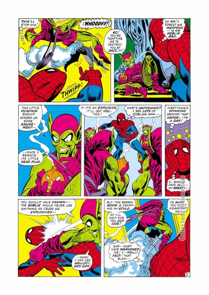 Amazing Spider-Man #97, pg. 2; pencils, Gil Kane; inks, Frank Giacoia; Green Goblin, goblin bombs