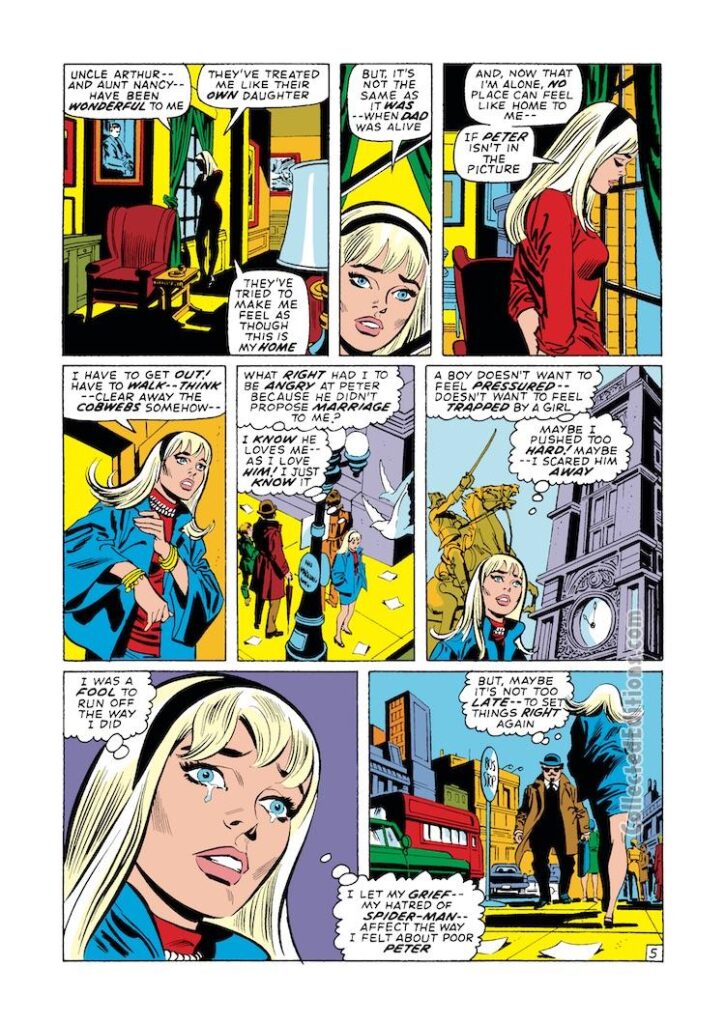 Amazing Spider-Man #98, pg. 5; pencils, Gil Kane; inks, Frank Giacoia; Gwen Stacy, London