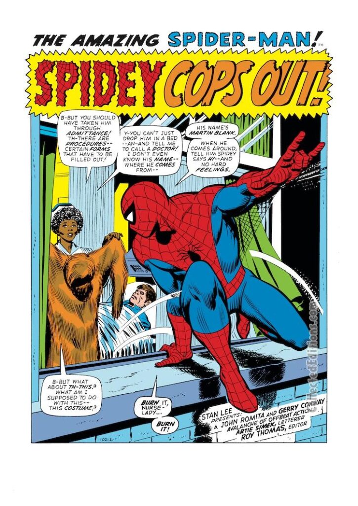 Amazing Spider-Man #112, pg. 1; pencils and inks, John Romita Sr.; Spidey Cops Out, splash page, Gerry Conway, Gibbon, Marty Blank