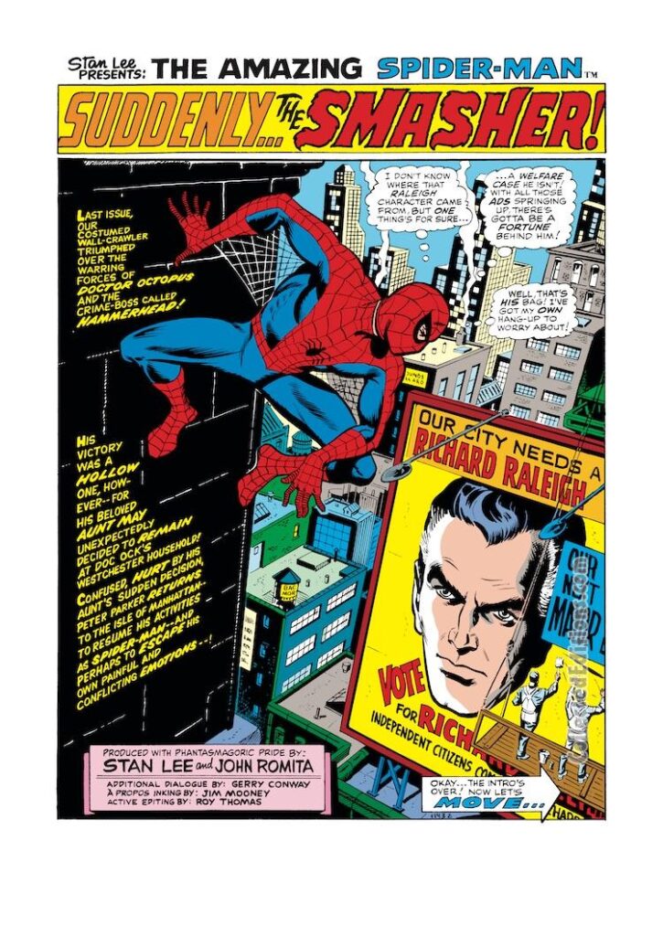 Amazing Spider-Man #116, pg. 1; pencils, John Romita Sr.; inks, Jim Mooney; Stan Lee, Gerry Conway, Suddenly the Smasher splash page, Richard Raleigh for Mayor