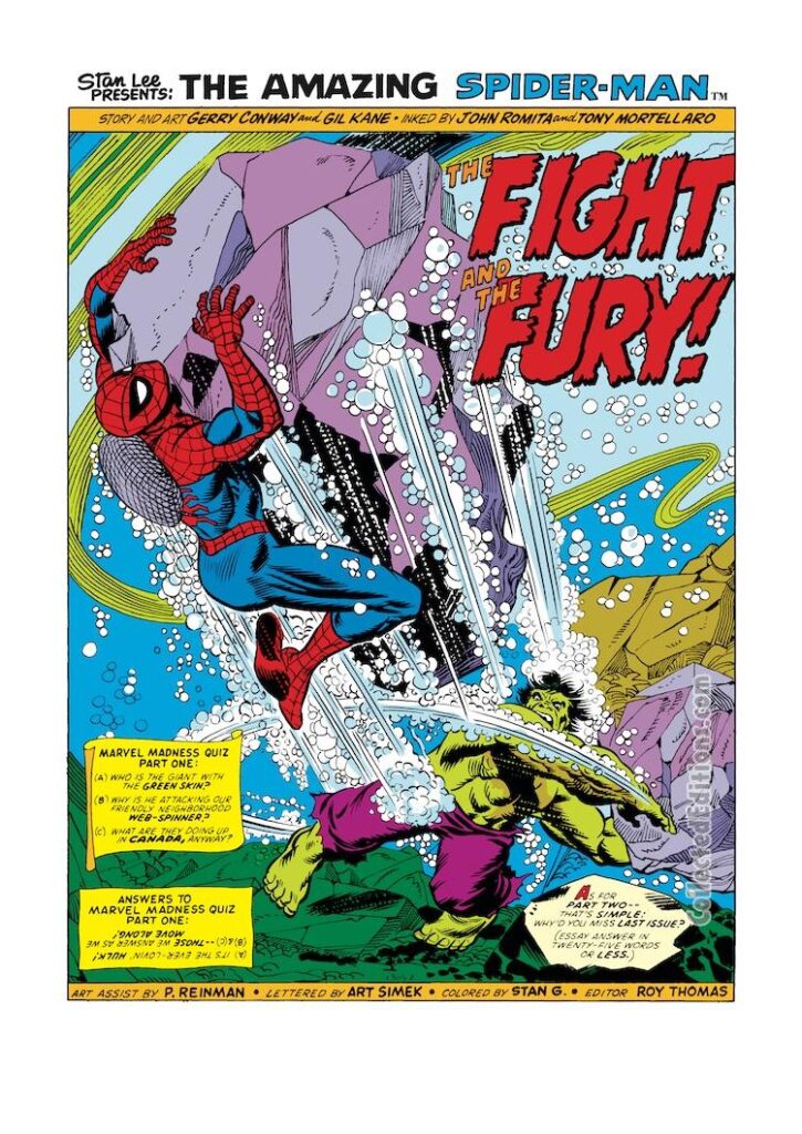 Amazing Spider-Man #120, pg. 1; pencils, Gil Kane; inks, John Romita, Tony Mortellaro; The Fight and the Fury, splash page, Gerry Conway, Incredible Hulk