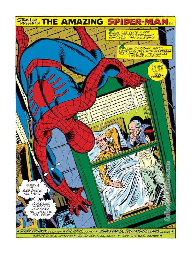 Amazing Spider-Man #121, pg. 1; pencils, Gil Kane; inks, John Romita; Gerry Conway, Harry Osborn, splash page