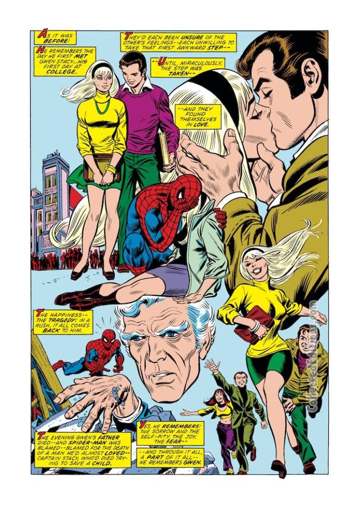 Amazing Spider-Man #122, pg. 6; pencils, Gil Kane; inks, John Romita; Peter Parker, Gwen Stacy, flashback, romance