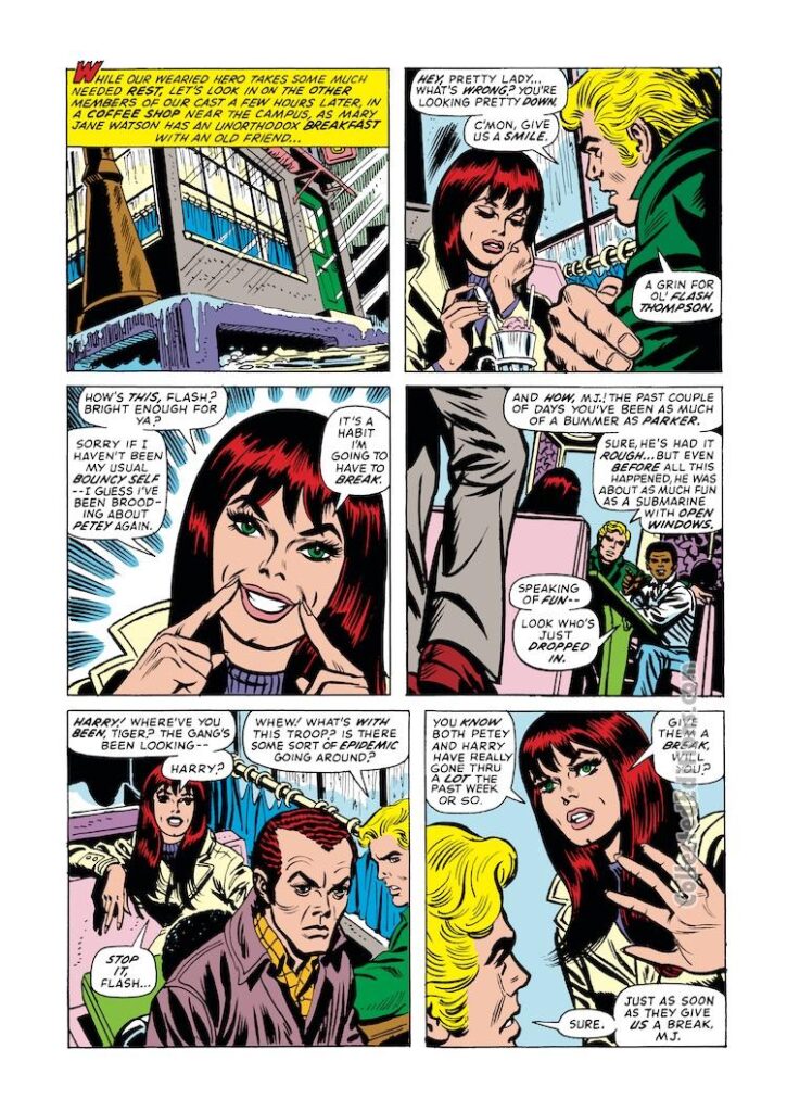 Amazing Spider-Man #125, pg. 6; pencils, Ross Andru; inks, John Romita; Mary Jane Watson, Flash Thompson, Harry Osborn
