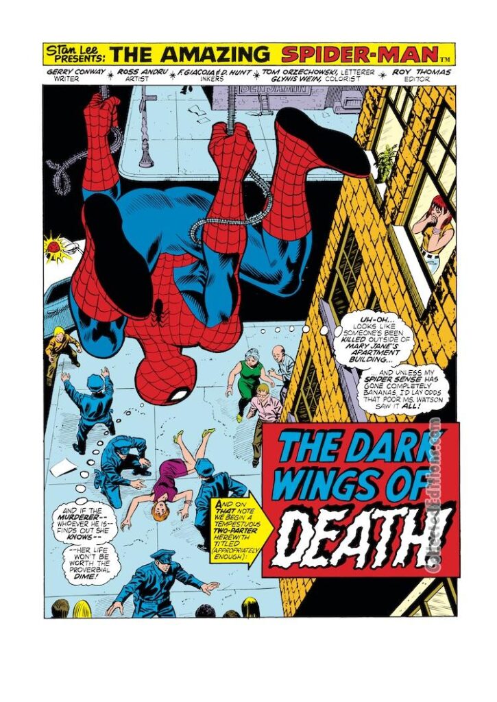 Amazing Spider-Man #127, pg. 1; pencils, Ross Andru; inks, Frank Giacoia, Dave Hunt; Gerry Conway, Dark Wings of Death splash page