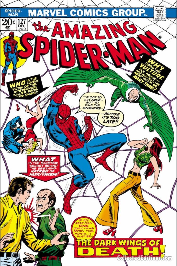 Amazing Spider-Man #127 cover; pencils and inks, John Romita Sr.; Vulture, Mary Jane Watson, Harry Osborn, Dark Wings of DeathAmazing Spider-Man #127 cover; pencils and inks, John Romita Sr.; Vulture, Mary Jane Watson, Harry Osborn, Dark Wings of Death