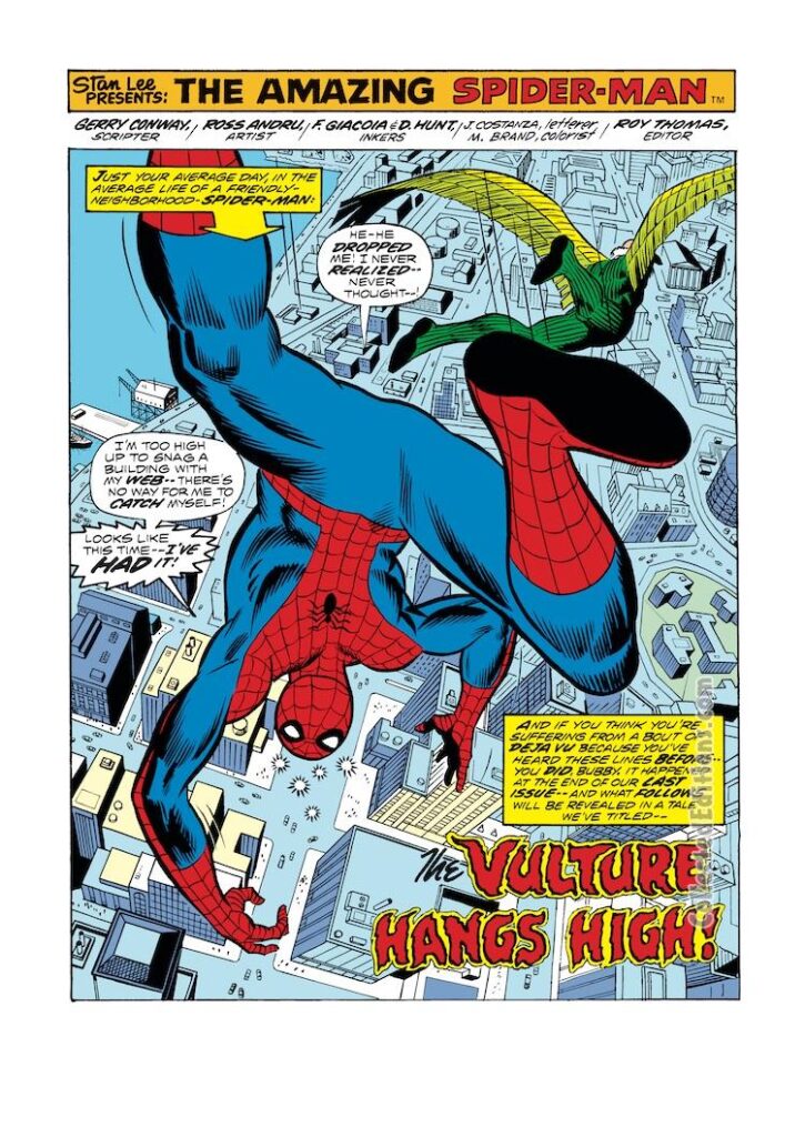 Amazing Spider-Man #128, pg. 1; pencils, Ross Andru; inks, Frank Giacoia, Dave Hunt; Gerry Conway, The Vulture Hangs High, splash page