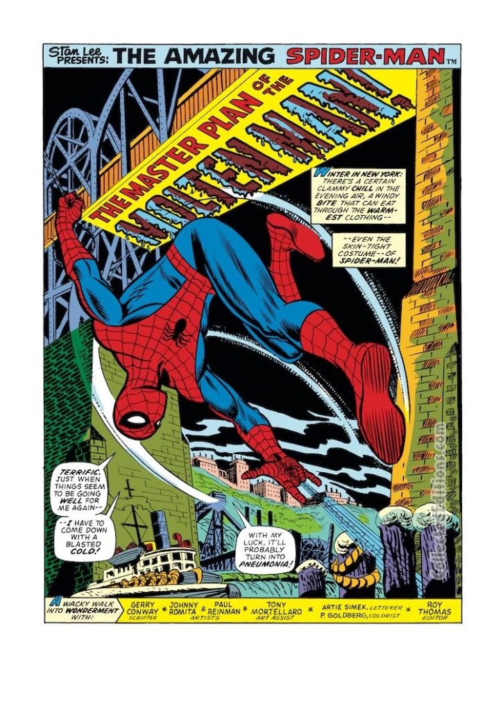 Amazing Spider-Man #132, pg. 1; pencils, John Romita Sr.; inks, Paul Reinman; Master Plan of the Molten Man, Gerry Conway, splash page