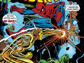 Amazing Spider-Man #132 cover; pencils, Gil Kane; inks, John Romita Sr.; Molten Man Strikes Again