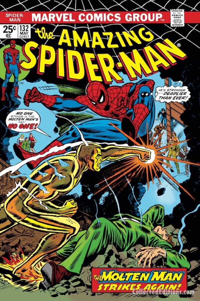 Amazing Spider-Man #132 cover; pencils, Gil Kane; inks, John Romita Sr.; Molten Man Strikes Again