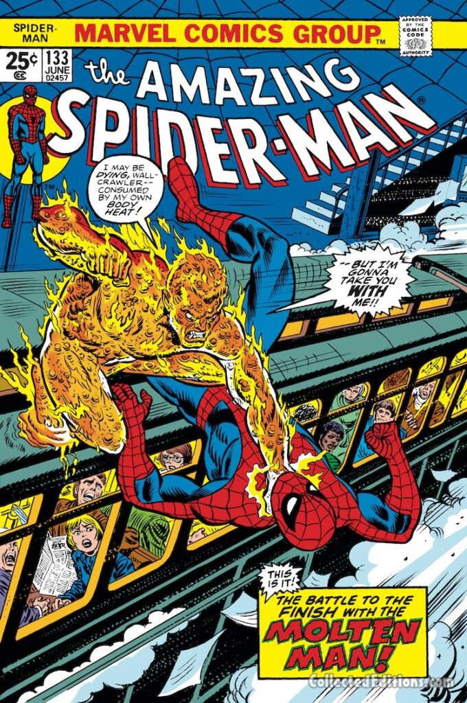 Amazing Spider-Man #133 cover; pencils and inks, John Romita Sr.; Battle to the Finish With Molten Man