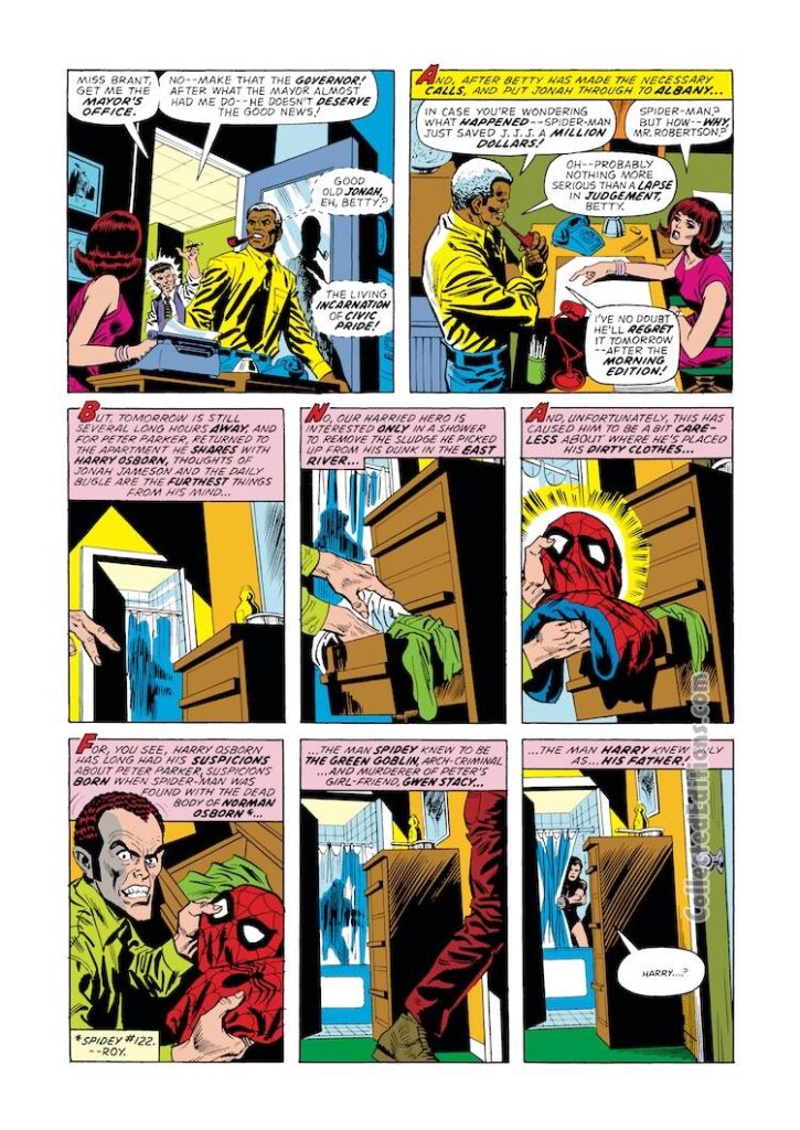 Amazing Spider-Man #135, pg. 8; pencils, Ross Andru; inks, Frank Giacoia; Robbie Robertson, Harry Osborn, Betty Brant, Daily Bugle
