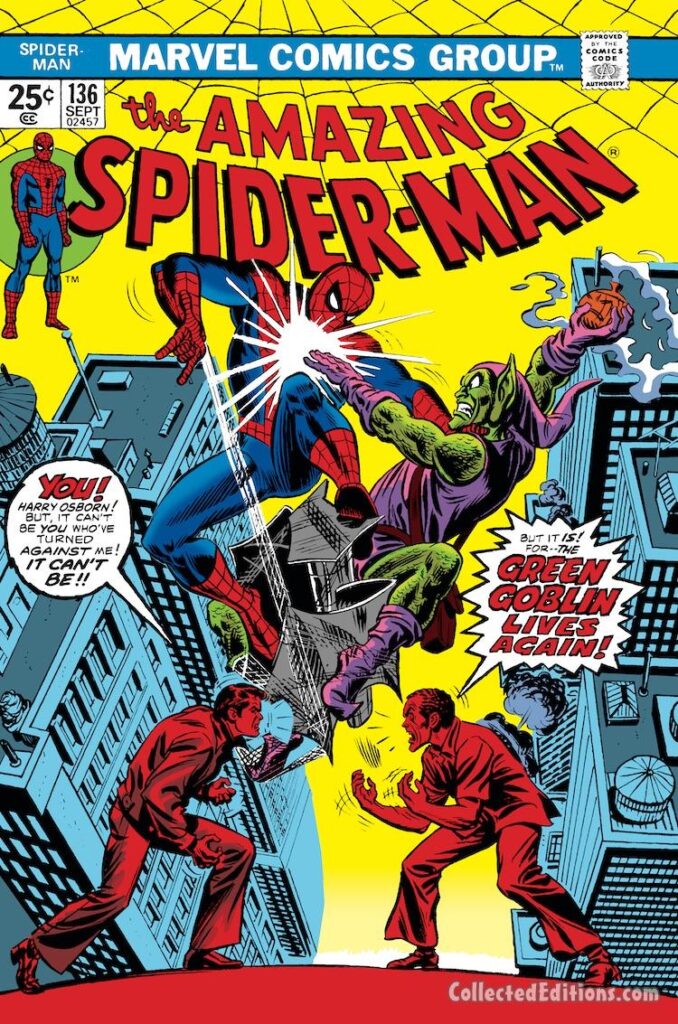 Amazing Spider-Man #136 cover; pencils and inks, John Romita Sr.; Green Goblin Lives Again, Harry Osborn, Peter Parker