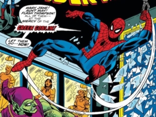 Amazing Spider-Man #137 cover; pencils, Gil Kane; inks, Frank Giacoia; Green Goblin, Mary Jane, Flash Thompson, Mary Jane WatsonAmazing Spider-Man #137 cover; pencils, Gil Kane; inks, Frank Giacoia; Green Goblin, Mary Jane, Flash Thompson, Mary Jane Watson