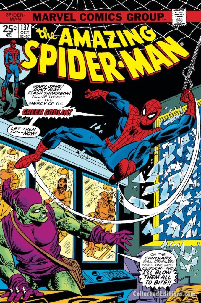 Amazing Spider-Man #137 cover; pencils, Gil Kane; inks, Frank Giacoia; Green Goblin, Mary Jane, Flash Thompson, Mary Jane WatsonAmazing Spider-Man #137 cover; pencils, Gil Kane; inks, Frank Giacoia; Green Goblin, Mary Jane, Flash Thompson, Mary Jane Watson