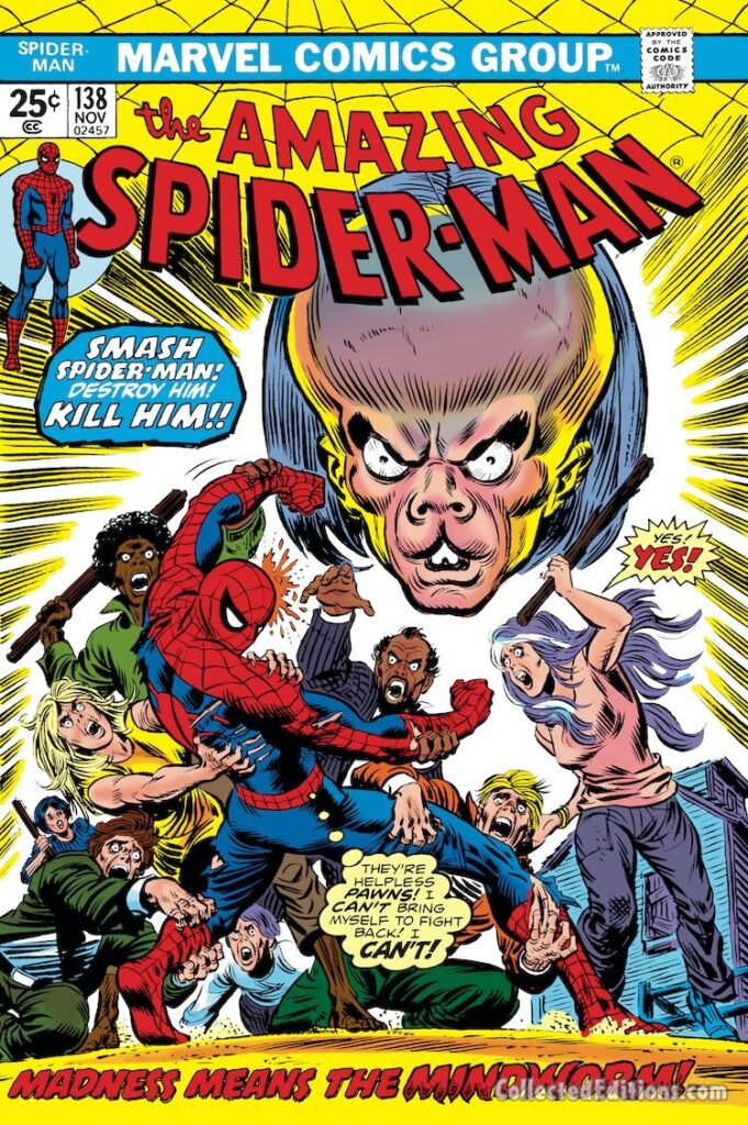 Amazing Spider-Man #138 cover; pencils, Gil Kane; inks, John Romita Sr.; Madness Means the Mindworm