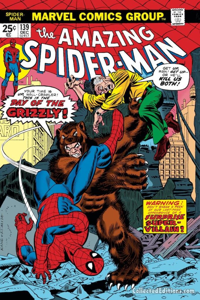 Amazing Spider-Man #139 cover; pencils, Gil Kane; inks, John Romita Sr.; Day of the Grizzly, Jonah Jameson
