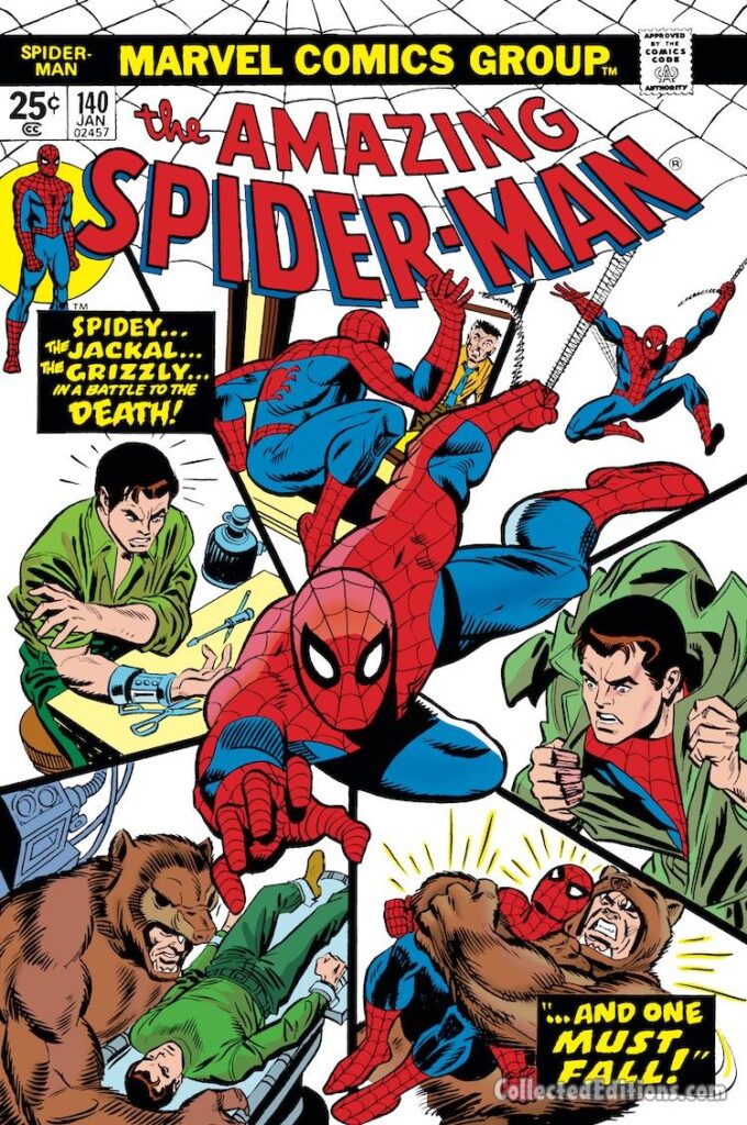 Amazing Spider-Man #140 cover; pencils, Gil Kane; inks, Mike Esposito; Jackal, Grizzly, Peter Parker, And One Must Fall