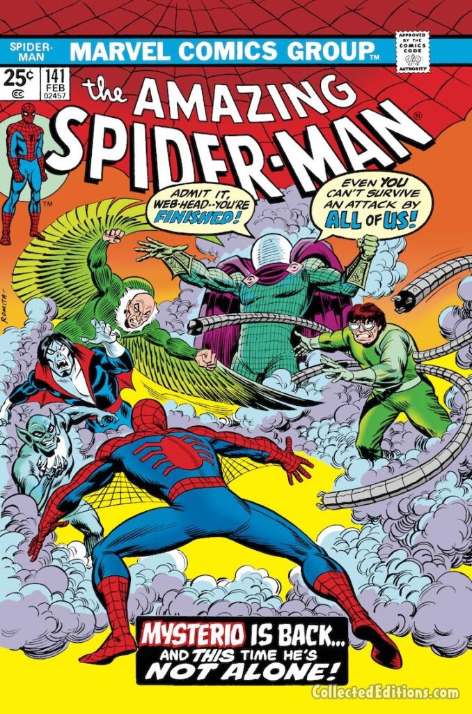 Amazing Spider-Man #141 cover; pencils and inks, John Romita Sr.; Mysterio, Doctor Octopus, Vulture, Morbius, Jackal