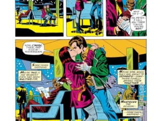 Amazing Spider-Man #143, pg. 7; pencils, Ross Andru; inks, Frank Giacoia, Dave Hunt Amazing Spider-Man #143, pg. 7; pencils, Ross Andru; inks, Frank Giacoia, Dave Hunt; Mary Jane, Peter Parker romance kiss, Robbie Robertson, airport terminal