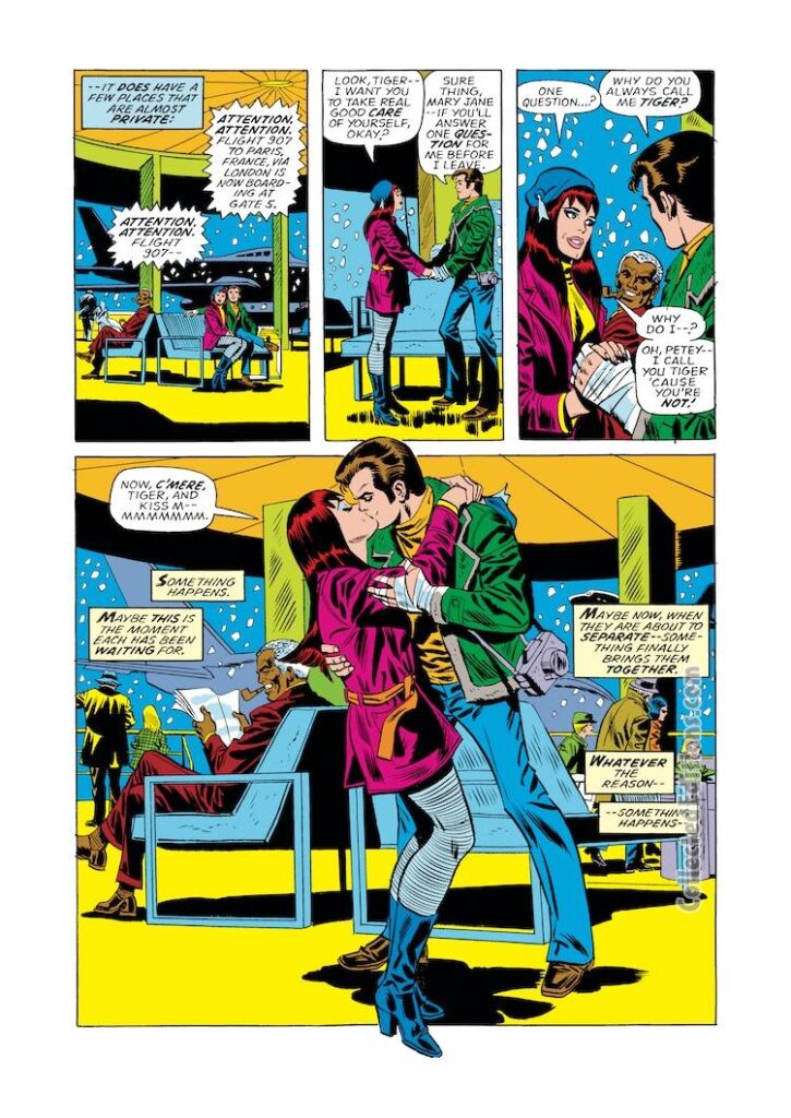 Amazing Spider-Man #143, pg. 7; pencils, Ross Andru; inks, Frank Giacoia, Dave Hunt; Mary Jane, Peter Parker romance kiss, Robbie Robertson, airport terminal