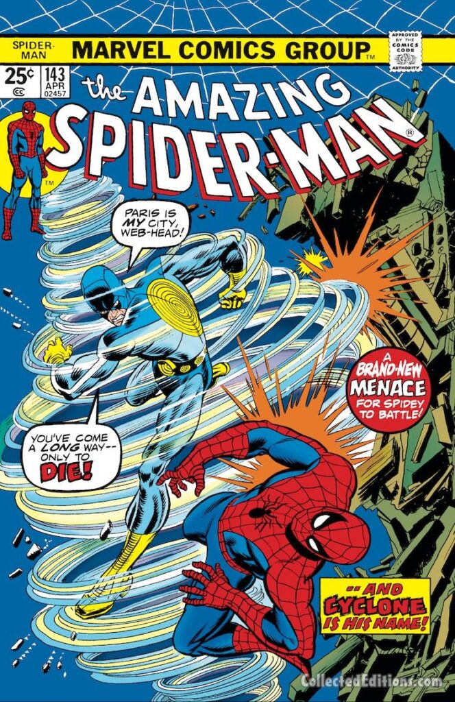 Amazing Spider-Man #143 cover; pencils, Gil Kane; inks, John Romita Sr.; Cyclone Is His Name, Paris France