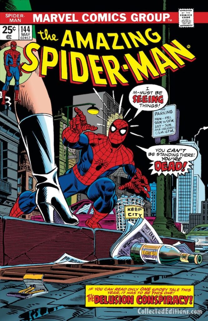 Amazing Spider-Man #144 cover; pencils, Gil Kane; inks, John Romita Sr.; Delusion Conspiracy, Original Clone Saga, Gwen Stacy