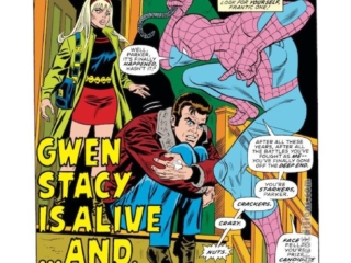 Amazing Spider-Man #145, pg. 1; pencils, Ross Andru; inks, Frank Giacoia, Dave Hunt Amazing Spider-Man #145, pg. 1; pencils, Ross Andru; inks, Frank Giacoia, Dave Hunt; Gwen Stacy Is Alive and Well, splash page, Gerry Conway, Peter Parker, Original Clone Saga, Len Wein