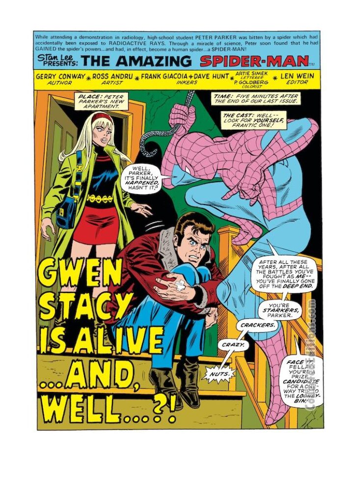 Amazing Spider-Man #145, pg. 1; pencils, Ross Andru; inks, Frank Giacoia, Dave Hunt; Gwen Stacy Is Alive and Well, splash page, Gerry Conway, Peter Parker, Original Clone Saga, Len Wein