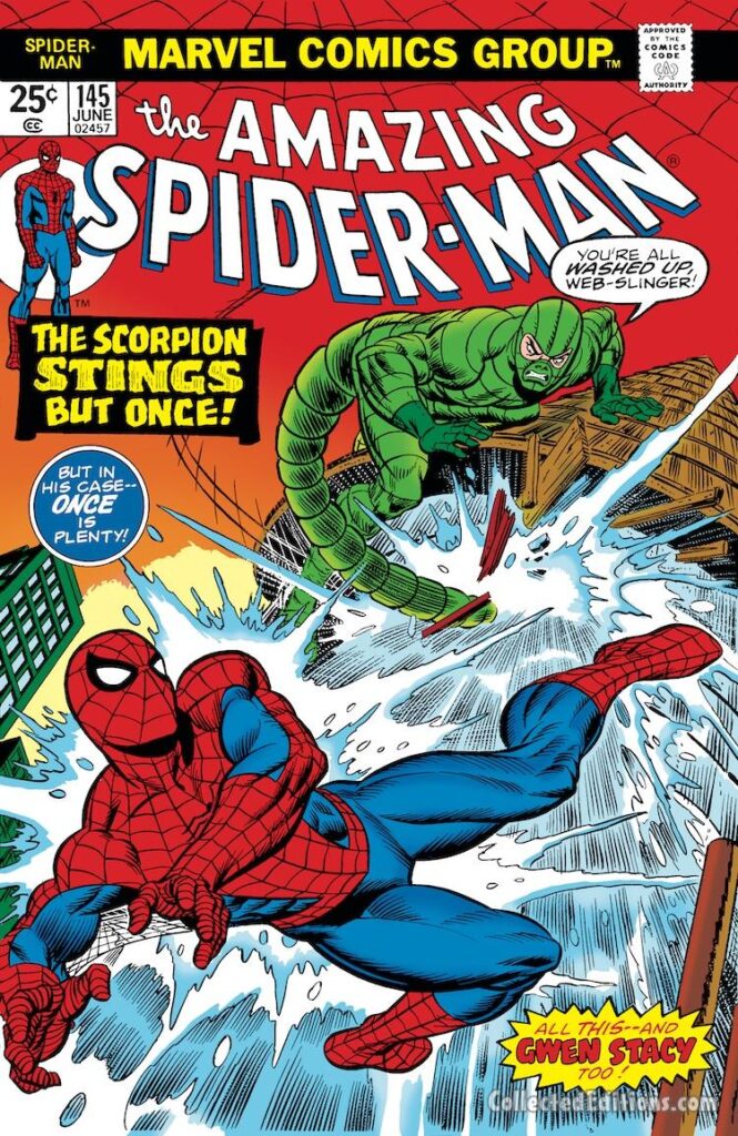 Amazing Spider-Man #145 cover; pencils, Gil Kane; inks, John Romita Sr.; Scorpion Stings But Once, Mac Gargan, water tower,