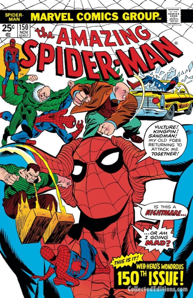 Amazing Spider-Man #150 cover; pencils, Gil Kane; inks, Frank Giacoia; Kingpin, Vulture, Sandman, 150th issue, anniversary