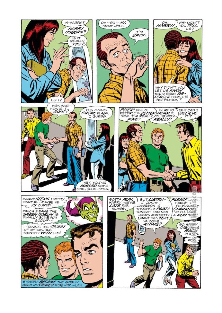 Amazing Spider-Man #151, pg. 5; pencils, Ross Andru; inks, John Romita Sr.; Mary Jane Watson, Harry Osborn, Peter Parker, Flash Thompson