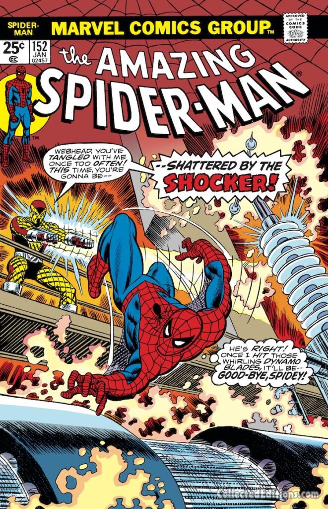 Amazing Spider-Man #152 cover; pencils, Gil Kane; inks, John Romita Sr.; Shattered by the Shocker