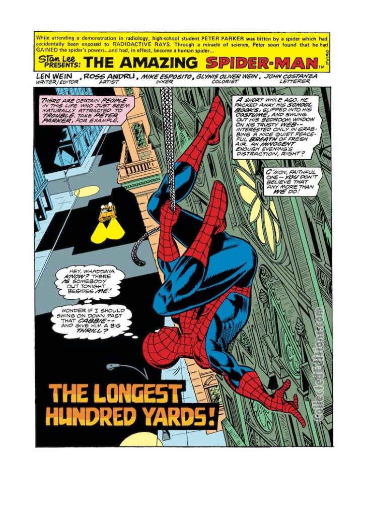 Amazing Spider-Man #153, pg. 1; pencils, Ross Andru; inks, Mike Esposito; The Longest Hundred Yards, Len Wein, splash page