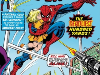 Amazing Spider-Man #153 cover; pencils, Gil Kane; inks, John Romita Sr. Amazing Spider-Man #153 cover; pencils, Gil Kane; inks, John Romita Sr.; Deadliest Hundred Years, football field, little girl