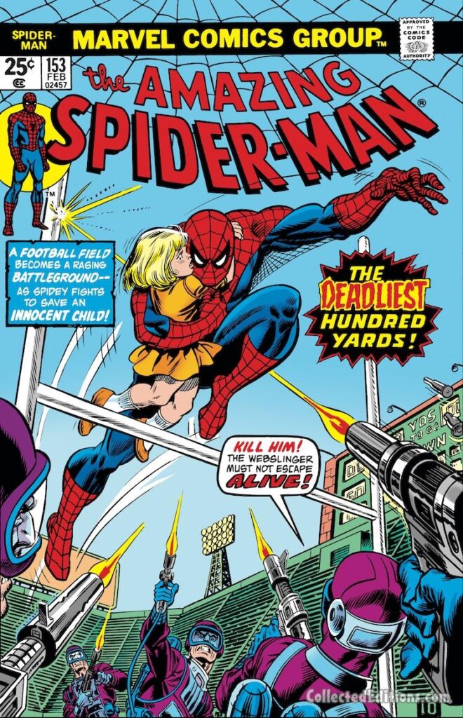 Amazing Spider-Man #153 cover; pencils, Gil Kane; inks, John Romita Sr.; Deadliest Hundred Years, football field, little girl
