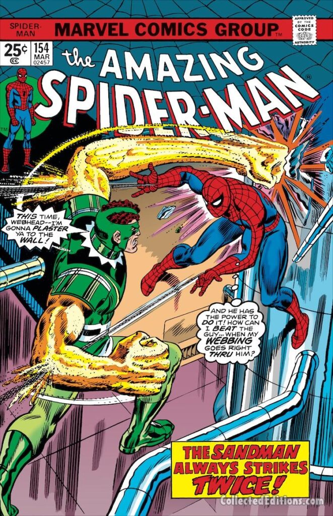 Amazing Spider-Man #154 cover; pencils, Gil Kane; inks, John Romita Sr.; Sandman Always Strikes Twice