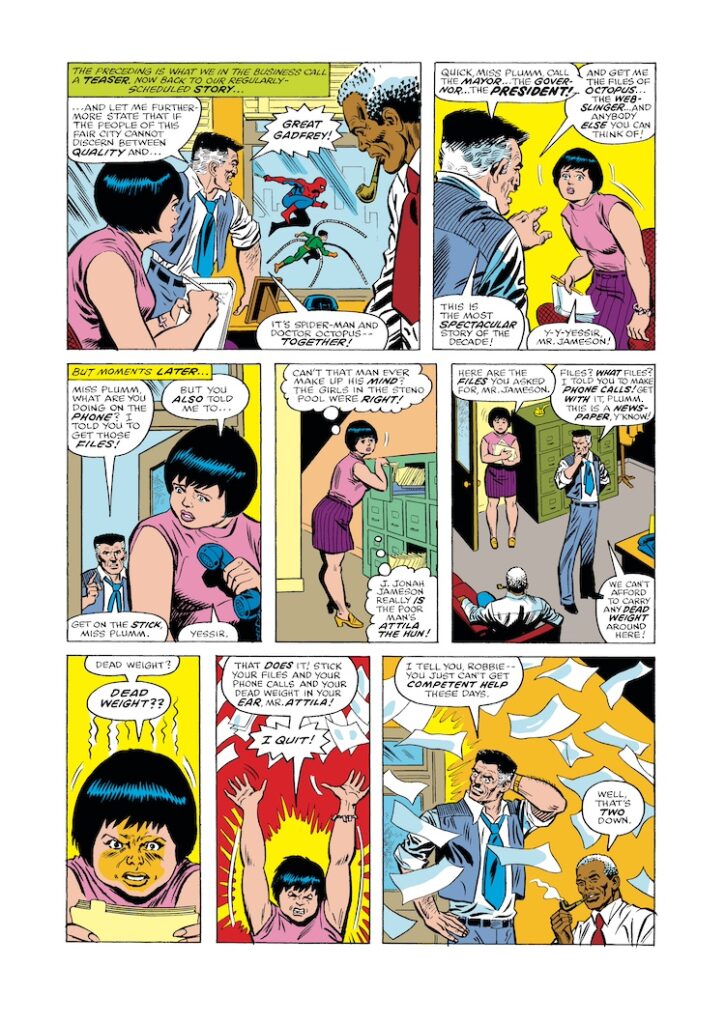Amazing Spider-Man #159, pg. 9; pencils, Ross Andru; inks, Mike Esposito; Miss Plumm, J. Jonah Jameson, Robbie Robertson, Daily Bugle secretary, Doctor Octopus
