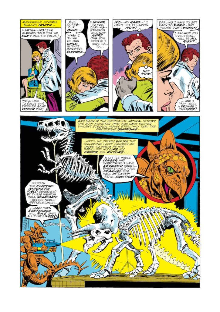 Amazing Spider-Man #165, pg. 10; pencils, Ross Andru; inks, Mike Esposito; dinosaur bones, museum of natural history, curt Connors, Martha Connors, Lizard, Stern, triceratops, Tyrannosaurus rex