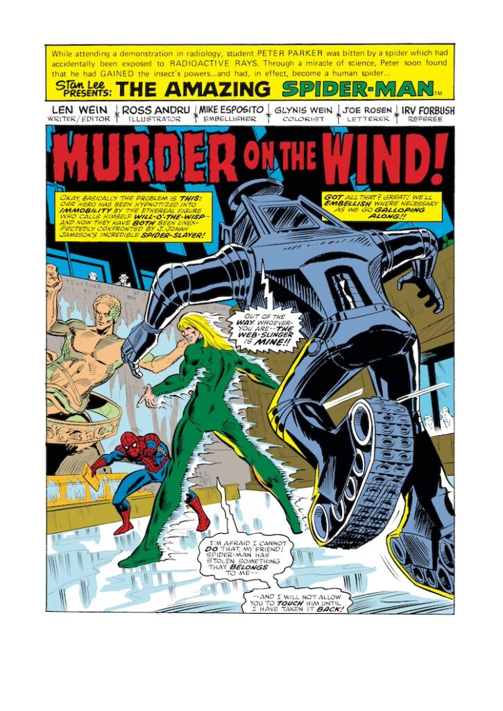 Amazing Spider-Man #168, pg. 1; pencils, Ross Andrul; inks, Mike Esposito; Stan Lee Presents Murder on the Wind, Len Wein, Will O&rsquo;the Wisp, splash page