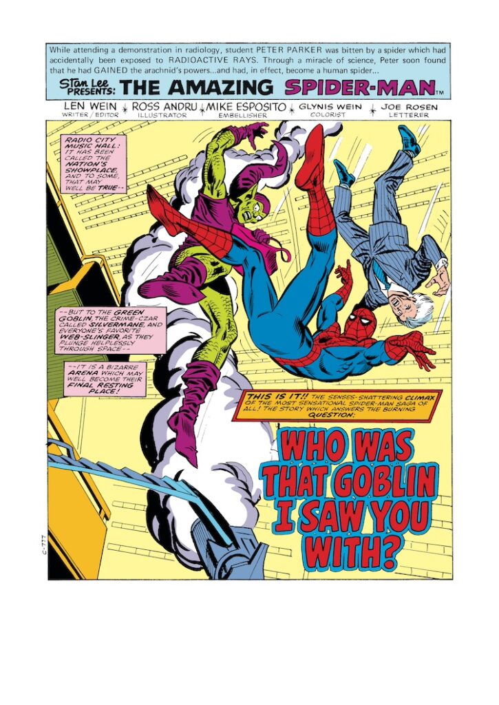 Amazing Spider-Man #180, pg. 1; pencils, Ross Andru; inks, Mike Esposito; Len Wein, writer, Stan Lee Presents, Who Was That Green Goblin I Saw You With, Silvermane