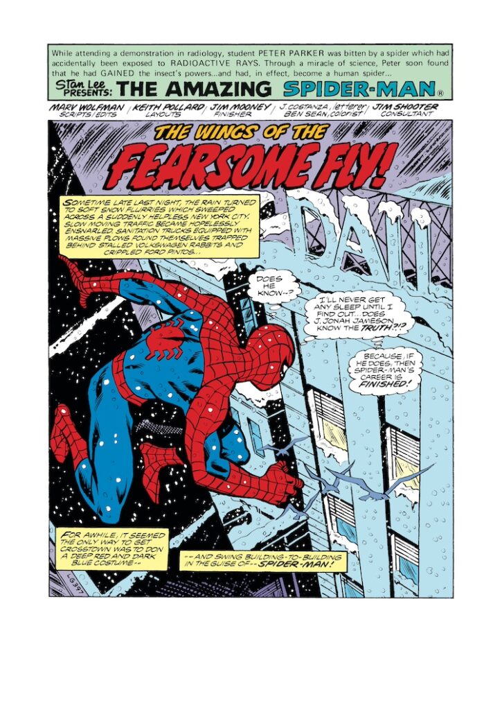 Amazing Spider-Man #193, pg. 1; layouts, Keith Pollard; pencils and inks, Jim Mooney; Marv Wolfman, writer, Stan Lee Presents, The Wings of the Fearsome Fly, Daily Bugle