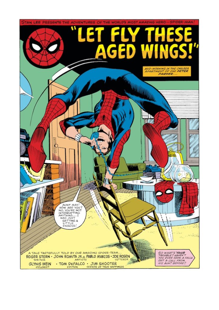 Amazing Spider-Man #224, pg. 1; pencils, John Romita Jr.; inks, Pablo Marcos; Let Fly These Aged Wings, splash page, Stan Lee Presents, Roger Stern, writer