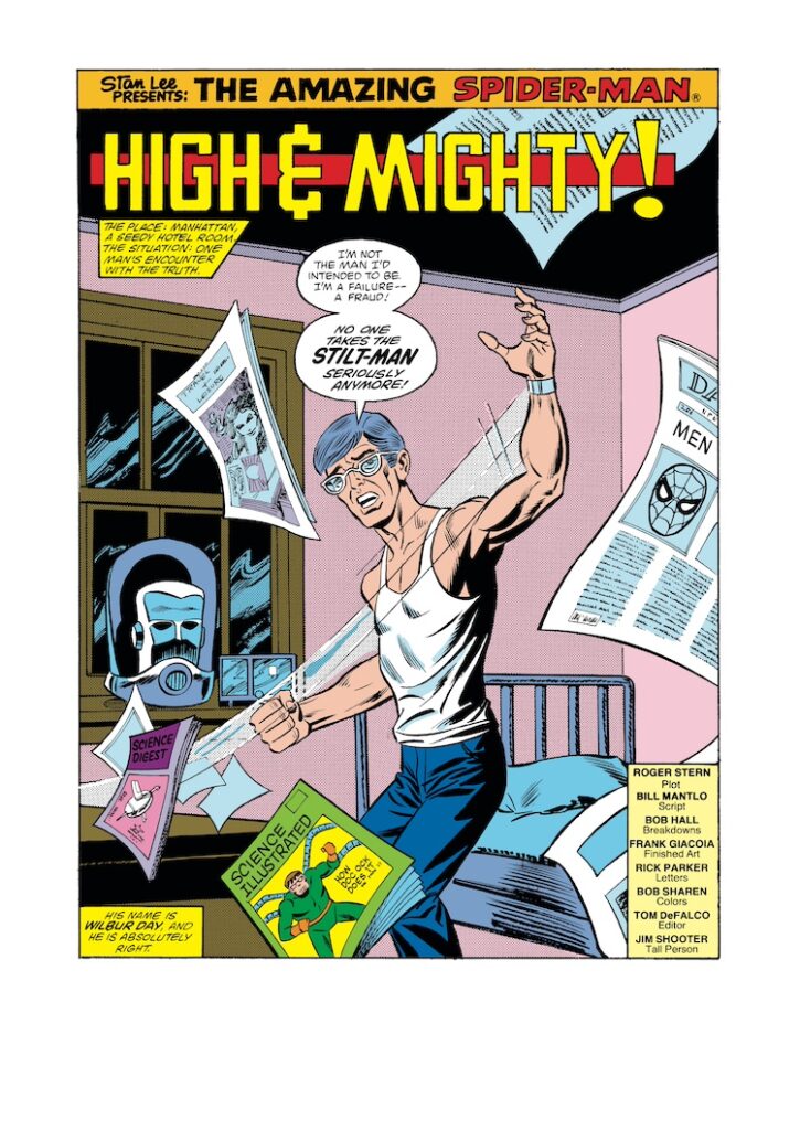 Amazing Spider-Man #237, pg. 1; layouts, Bob Hall; pencils and inks, Frank Giacoia; High &amp; Mighty, splash page, Stan Lee Presents, Roger Stern, Bill Mantlo, writer, Stilt-Man