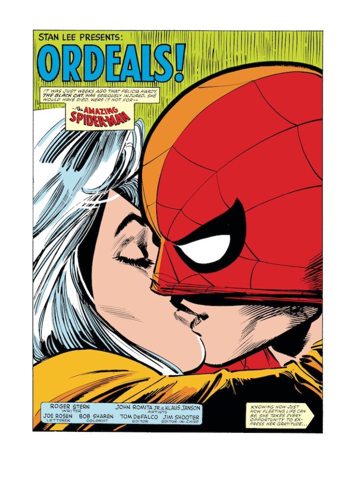 Amazing Spider-Man #244, pg. 1; pencils, Roger Stern; inks, Klaus Janson; Black Cat kiss, Stan Lee Presents Ordeals, Roger Stern, splash page