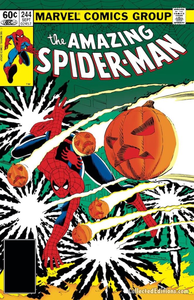 Amazing Spider-Man #244 cover; pencils, John Romita Jr.; inks, Bob Wiacek; Hobgoblin bombs